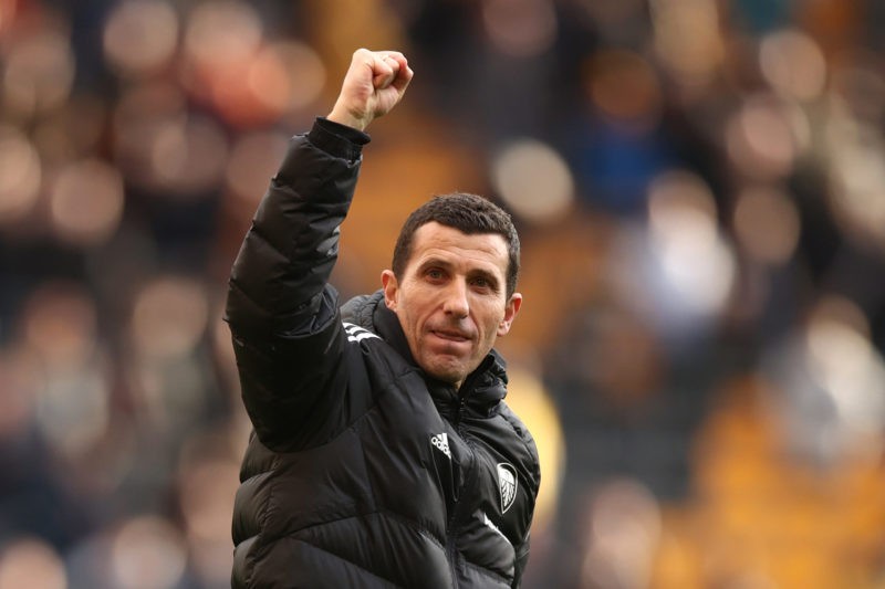 WOLVERHAMPTON, ENGLAND - MARCH 18: Javi Gracia, Manager of Leeds United, celebrates victory following the Premier League match between Wolverhampton Wanderers and Leeds United at Molineux on March 18, 2023 in Wolverhampton, England. (Photo by Naomi Baker/Getty Images)