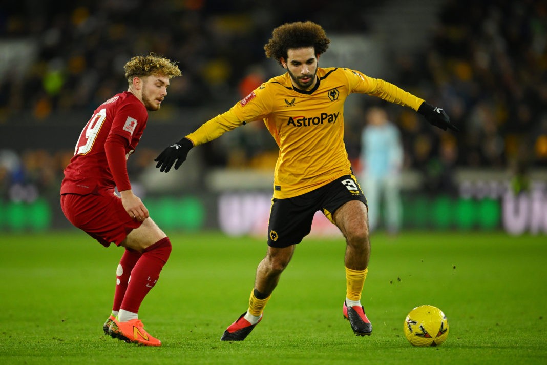 WOLVERHAMPTON, ENGLAND - JANUARY 17: Rayan Ait-Nouri of Wolverhampton Wanderers Harvey Elliott of Liverpool during the Emirates FA Cup Third Round Replay match between Wolverhampton Wanderers and Liverpool at Molineux on January 17, 2023 in Wolverhampton, England. (Photo by Clive Mason/Getty Images)
