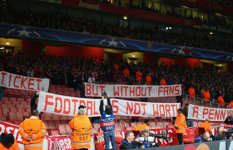 LONDON, ENGLAND - OCTOBER 20:  Empty seats in the stand as Bayern Munich fans protest against ticket prices prior the UEFA Champions League Group F match between Arsenal FC and FC Bayern Munchen at Emirates Stadium on October 20, 2015 in London, United Kingdom.  (Photo by Paul Gilham/Getty Images)