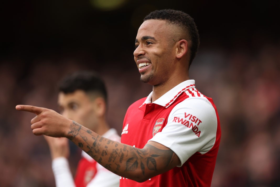LONDON, ENGLAND - APRIL 01: Gabriel Jesus of Arsenal celebrates after scoring the team's third goal during the Premier League match between Arsenal FC and Leeds United at Emirates Stadium on April 01, 2023 in London, England. (Photo by Julian Finney/Getty Images)