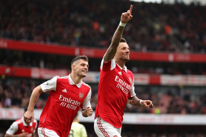 LONDON, ENGLAND - APRIL 01: Ben White of Arsenal celebrates after scoring the team's second goal during the Premier League match between Arsenal FC and Leeds United at Emirates Stadium on April 01, 2023 in London, England. (Photo by Julian Finney/Getty Images)