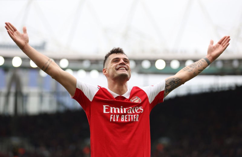 LONDON, ENGLAND - APRIL 01: Granit Xhaka of Arsenal celebrates scoring the team's fourth goal during the Premier League match between Arsenal FC and Leeds United at Emirates Stadium on April 01, 2023 in London, England. (Photo by Julian Finney/Getty Images)