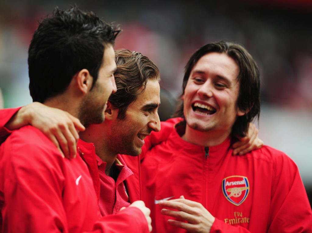 LONDON - MAY 04: (L-R) Cesc Fabregas, Mathieu Flamini and Tomas Rosicky of Arsenal share a joke following the Barclays Premier League match between Arsenal and Everton at the Emirates Stadium on May 4, 2008 in London, England. (Photo by Shaun Botterill/Getty Images)