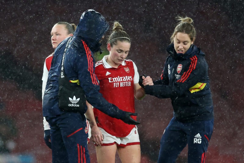 LONDON, ENGLAND - MARCH 29: Kim Little of Arsenal is substituted following an injury during the UEFA Women's Champions League quarter-final 2nd leg match between Arsenal and FC Bayern München at Emirates Stadium on March 29, 2023 in London, England. (Photo by Catherine Ivill/Getty Images)