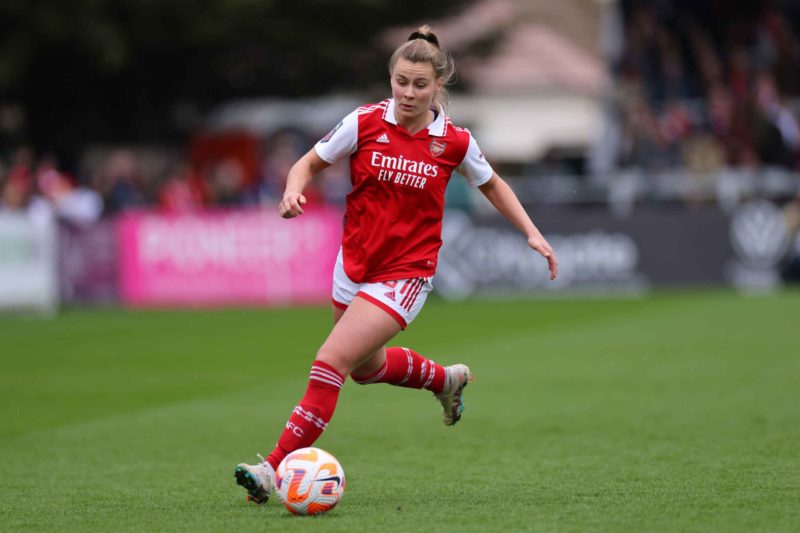 BOREHAMWOOD, ENGLAND - APRIL 02: Victoria Pelova of Arsenal during the FA Women's Super League match between Arsenal and Manchester City at Meadow Park on April 2, 2023 in Borehamwood, United Kingdom. (Photo by Marc Atkins/Getty Images)