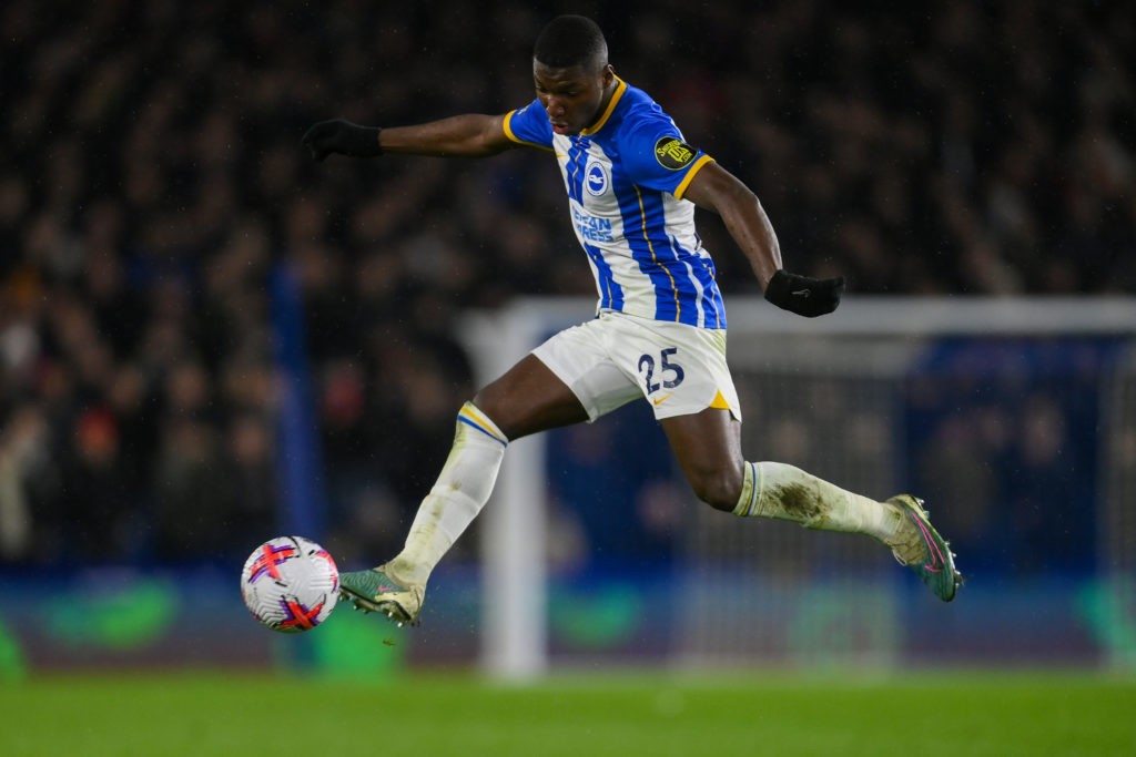 BRIGHTON, ENGLAND - MARCH 15: Moises Caicedo of Brighton & Hove Albion in action during the Premier League match between Brighton & Hove Albion and Crystal Palace at American Express Community Stadium on March 15, 2023 in Brighton, England. (Photo by Mike Hewitt/Getty Images)