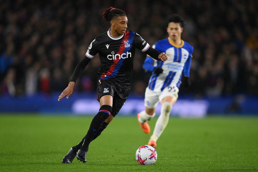BRIGHTON, ENGLAND: Michael Olise of Crystal Palace in action during the Premier League match between Brighton & Hove Albion and Crystal Palace at American Express Community Stadium on March 15, 2023. (Photo by Mike Hewitt/Getty Images)