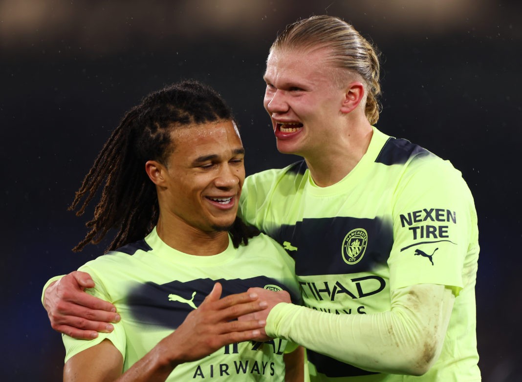 LONDON, ENGLAND - MARCH 11: Erling Haaland celebrates with Nathan Ake of Manchester City after the team's victory during the Premier League match between Crystal Palace and Manchester City at Selhurst Park on March 11, 2023 in London, England. (Photo by Alex Pantling/Getty Images)