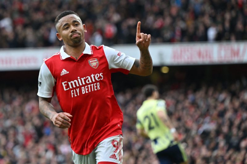 Arsenal's Brazilian striker Gabriel Jesus celebrates after scoring the opening goal from the penalty spot during the English Premier League football match between Arsenal and Leeds United at the Emirates Stadium in London on April 1, 2023. (Photo by GLYN KIRK/AFP via Getty Images)