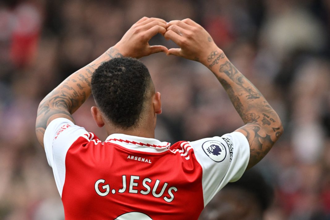 Arsenal's Brazilian striker Gabriel Jesus celebrates after scoring their third goal during the English Premier League football match between Arsenal and Leeds United at the Emirates Stadium in London on April 1, 2023. (Photo by GLYN KIRK/AFP via Getty Images)