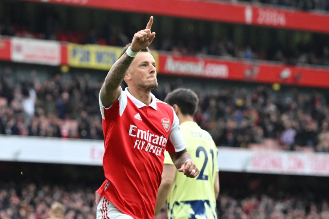 Arsenal's English defender Ben White celebrates after scoring their second goal during the English Premier League football match between Arsenal and Leeds United at the Emirates Stadium in London on April 1, 2023. (Photo by GLYN KIRK/AFP via Getty Images)
