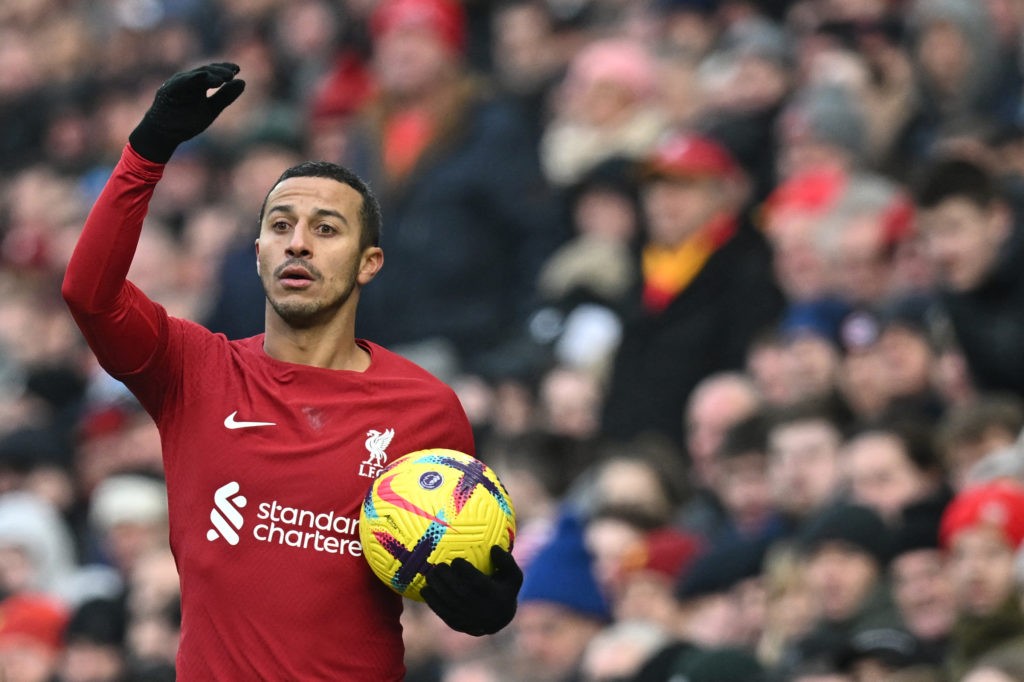 Liverpool's Spanish midfielder Thiago Alcantara prepares to throw during the English Premier League football match between Liverpool and Chelsea at Anfield in Liverpool, north west England on January 21, 2023. (Photo by PAUL ELLIS/AFP via Getty Images)