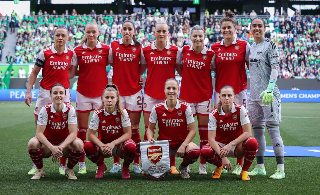 The Arsenal team poses for a group photo prior to the UEFA Women's Champions League semi-final first-leg match between VFL Wolfsburg and Arsenal in Wolfsburg, northern Germany, on April 23, 2023. (Photo by Ronny Hartmann / AFP) (Photo by RONNY HARTMANN/AFP via Getty Images)