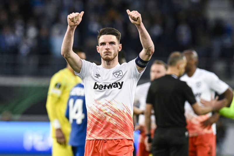 Declan Rice Arsenal transfer -Arsenal transfers - West Ham's Declan Rice reacts after a draw in the UEFA Europa Conference League first-leg quarter final football match between Belgian KAA Gent and West Ham United FC at the Ghelamco Arena in Ghent on April 13, 2023. (Photo by TOM GOYVAERTS/Belga/AFP via Getty Images)