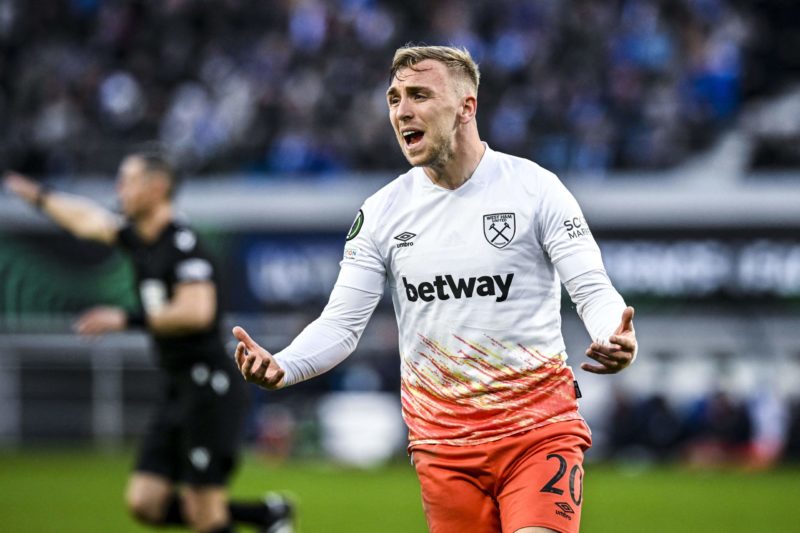 West Ham United's English striker Jarrod Bowen reacts during the first leg match of the quarter final in the UEFA Europa Conference League 2022-2023 between Belgian KAA Gent and English West Ham United FC, at the Ghelamco Arena in Ghent on April 13, 2023. (Photo by TOM GOYVAERTS/BELGA/AFP via Getty Images)