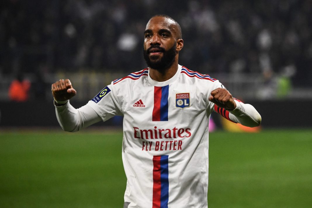 Lyon's French forward Alexandre Lacazette celebrates scoring his team's first goal during the French L1 football match between Olympique Lyonnais (OL) and Olympique Marseille (OM) at Groupama Stadium in Decines-Charpieu, central-eastern France on April 23, 2023. (Photo by OLIVIER CHASSIGNOLE / AFP) (Photo by OLIVIER CHASSIGNOLE/AFP via Getty Images)