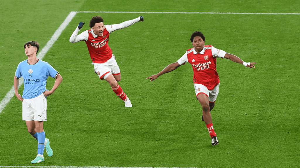 Myles Lewis-Skelly celebrates his winner against Manchester City in the FA Youth Cup (Photo via Arsenal.com)