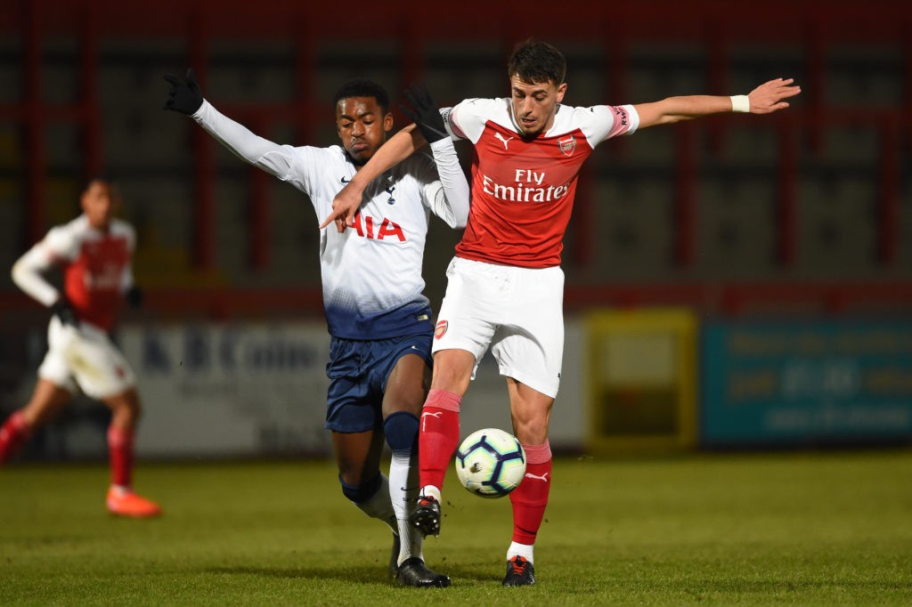 STEVENAGE, ENGLAND - FEBRUARY 15: Julio Pleguezuelo of Arsenal battles for possession with Paris Maghoma of Tottenham Hotspur during the Premier League 2 match between Tottenham Hotspur and Arsenal at Lamex Stadium on February 15, 2019 in Stevenage, United Kingdom. (Photo by Harriet Lander/Getty Images)