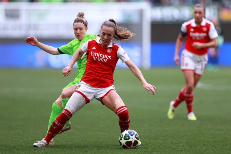 WOLFSBURG, GERMANY - APRIL 23: Lia Waelti of Arsenal battles for possession with Svenja Huth of VfL Wolfsburg  during the UEFA Women's Champions League Semi Final 1st Leg match between VfL Wolfsburg and Arsenal at Volkswagen Arena on April 23, 2023 in Wolfsburg, Germany. (Photo by Martin Rose/Getty Images)