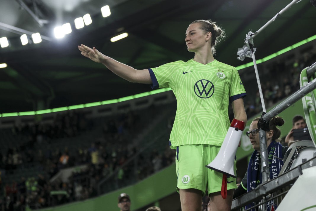 WOLFSBURG, GERMANY - MARCH 30: Alexandra Popp of VfL Wolfsburg celebrates with fans after the UEFA Women's Champions League quarter-final 2nd leg match between VfL Wolfsburg and Paris Saint-Germain at Volkswagen Arena on March 30, 2023 in Wolfsburg, Germany. (Photo by Maja Hitij/Getty Images)