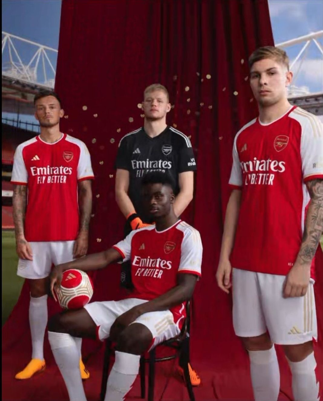 New Arsenal kit - Leaked picture of Ben White, Aaron Ramsdale, Emile Smith Rowe, and Bukayo Saka wearing the 2023/24 Arsenal home kit (Photo via afcstuff on Twitter)