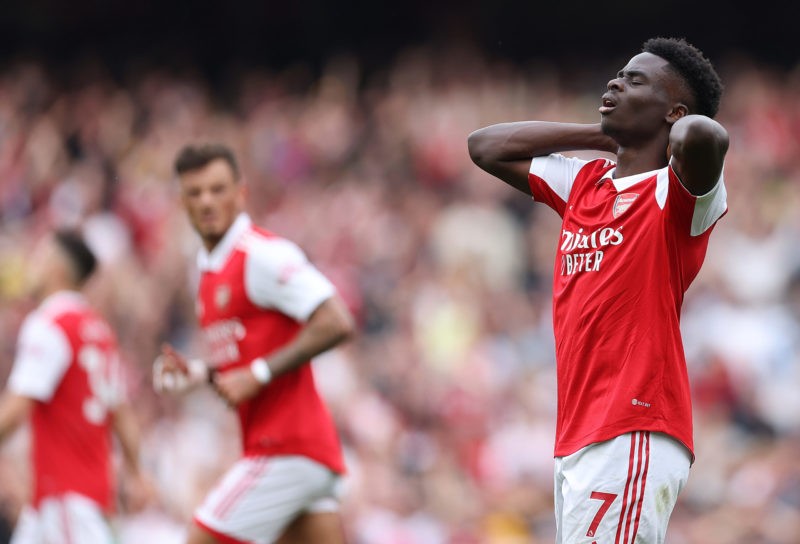 LONDON, ENGLAND - MAY 14: Bukayo Saka of Arsenal looks dejected during the Premier League match between Arsenal FC and Brighton & Hove Albion at Emirates Stadium on May 14, 2023 in London, England. (Photo by Julian Finney/Getty Images)