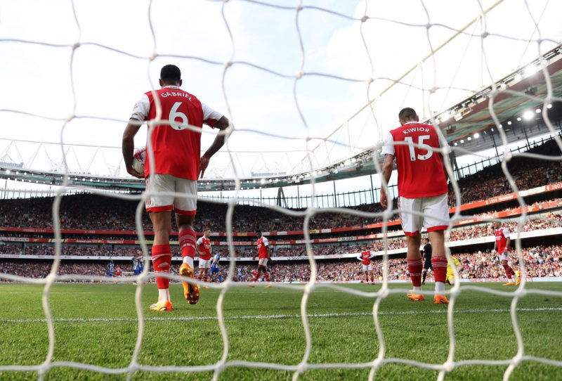 LONDON, ENGLAND - MAY 14: Gabriel and Jakub Kiwior of Arsenal look dejected after conceding a goal during the Premier League match between Arsenal FC and Brighton & Hove Albion at Emirates Stadium on May 14, 2023 in London, England. (Photo by Julian Finney/Getty Images)