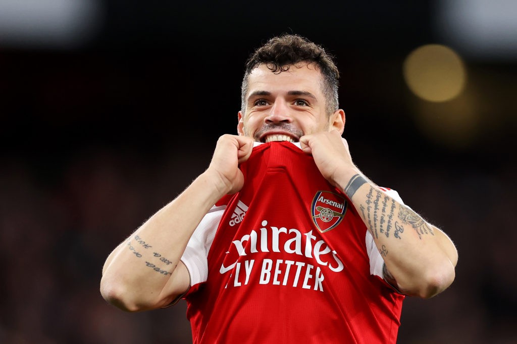 LONDON, ENGLAND - MAY 02: Granit Xhaka of Arsenal reacts during the Premier League match between Arsenal FC and Chelsea FC at Emirates Stadium on May 02, 2023 in London, England. (Photo by Alex Pantling/Getty Images)