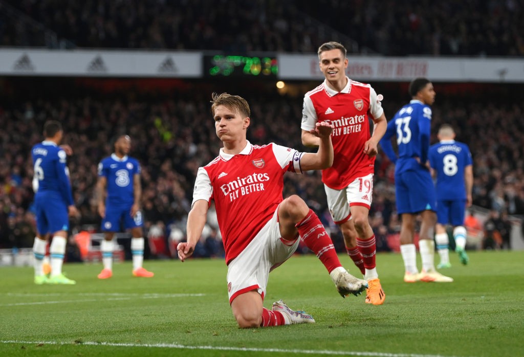 LONDON, ENGLAND - MAY 02: Martin Odegaard of Arsenal celebrates after scoring the second goal during the Premier League match between Arsenal FC and Chelsea FC at Emirates Stadium on May 02, 2023 in London, England. (Photo by Shaun Botterill/Getty Images)