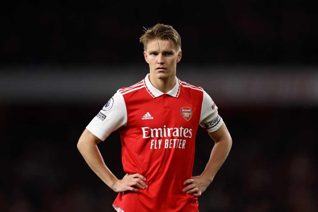 LONDON, ENGLAND - MAY 02: Martin Odegaard of Arsenal during the Premier League match between Arsenal FC and Chelsea FC at Emirates Stadium on May 02, 2023 in London, England. (Photo by Alex Pantling/Getty Images)