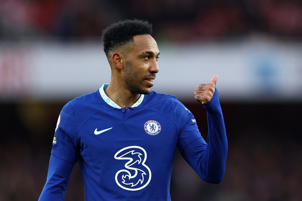 LONDON, ENGLAND: Pierre-Emerick Aubameyang of Chelsea gestures during the Premier League match between Arsenal FC and Chelsea FC at Emirates Stadium on May 02, 2023. (Photo by Alex Pantling/Getty Images)