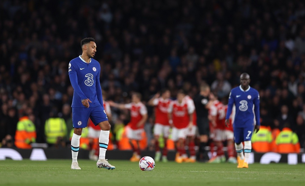 LONDON, ENGLAND: Pierre-Emerick Aubameyang of Chelsea reacts during the Premier League match between Arsenal FC and Chelsea FC at Emirates Stadium on May 02, 2023. (Photo by Alex Pantling/Getty Images)