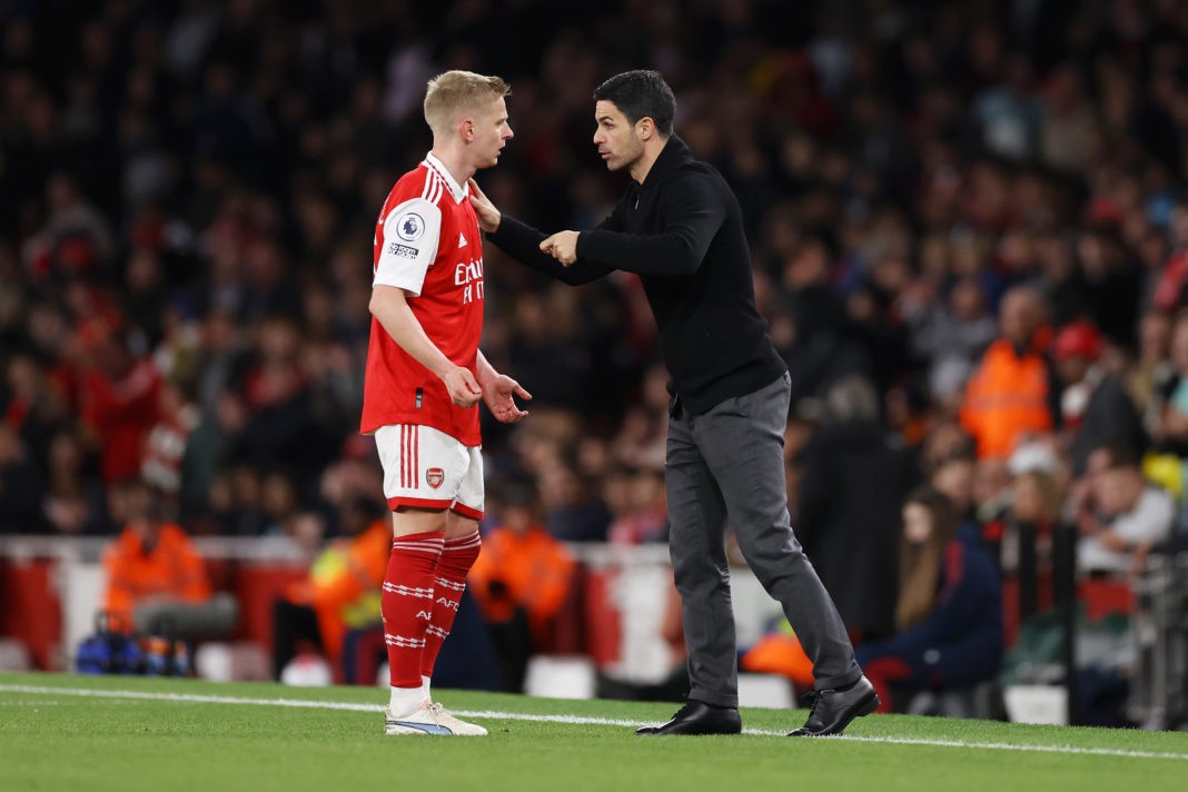 Zinchenko injury update - LONDON, ENGLAND - MAY 02: Mikel Arteta, Manager of Arsenal, gives instructions to Oleksandr Zinchenko during the Premier League match between Arsenal FC and Chelsea FC at Emirates Stadium on May 02, 2023 in London, England. (Photo by Alex Pantling/Getty Images)