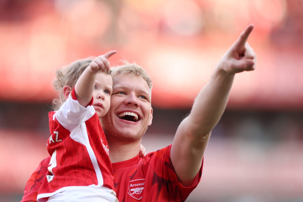 Arsenal news premier league fixtures -LONDON, ENGLAND - MAY 28: Aaron Ramsdale of Arsenal reacts with family on the pitch following their sides victory after the Premier League match between Arsenal FC and Wolverhampton Wanderers at Emirates Stadium on May 28, 2023 in London, England. (Photo by Catherine Ivill/Getty Images)