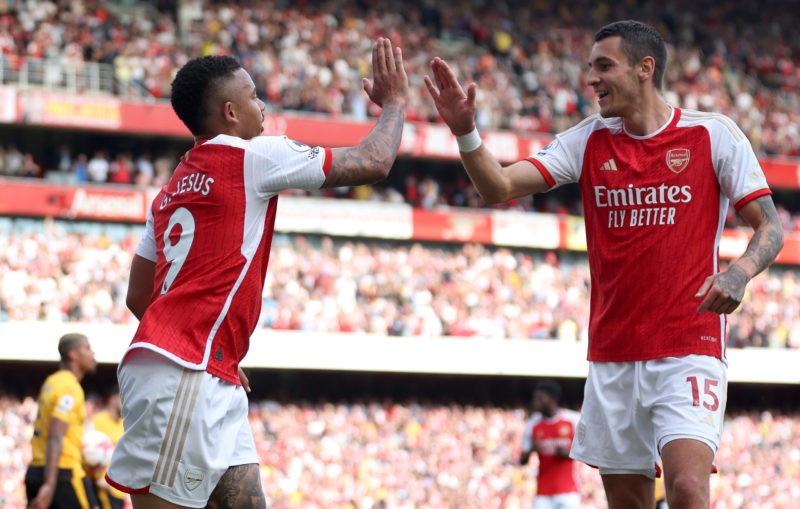 LONDON, ENGLAND - MAY 28: Gabriel Jesus of Arsenal celebrates with team mate Jakub Kiwior after scoring their sides fourth goal during the Premier League match between Arsenal FC and Wolverhampton Wanderers at Emirates Stadium on May 28, 2023 in London, England. (Photo by Catherine Ivill/Getty Images)