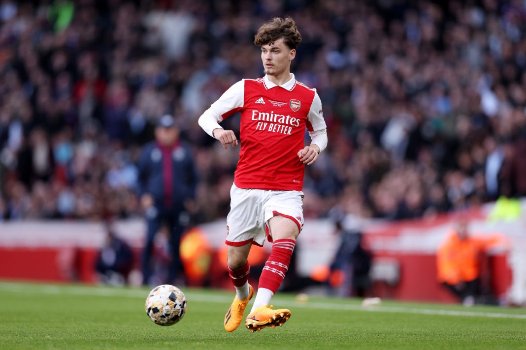 LONDON, ENGLAND - APRIL 25: Michal Rosiak of Arsenal makes a pass during the FA Youth Cup Final match between Arsenal U18 and West Ham United U18 at Emirates Stadium on April 25, 2023 in London, England. (Photo by Richard Heathcote/Getty Images)