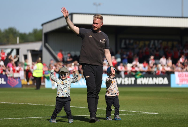 BOREHAMWOOD, ENGLAND - MAY 27: Jonas Eidevall manager of Arsenal waves as he walks around the pitch with his sons after the FA Women's Super League match between Arsenal and Aston Villa at Meadow Park on May 27, 2023 in Borehamwood, England. (Photo by Catherine Ivill/Getty Images)