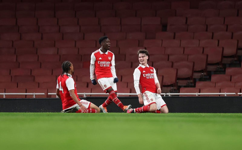 LONDON, ENGLAND - FEBRUARY 23: Michal Rosiak of Arsenal celebrates scoring to make it 3-2 during the FA Youth Cup Fifth round match between Arsenal and Cambridge United at Emirates Stadium on February 23, 2023 in London, England. (Photo by Julian Finney/Getty Images)