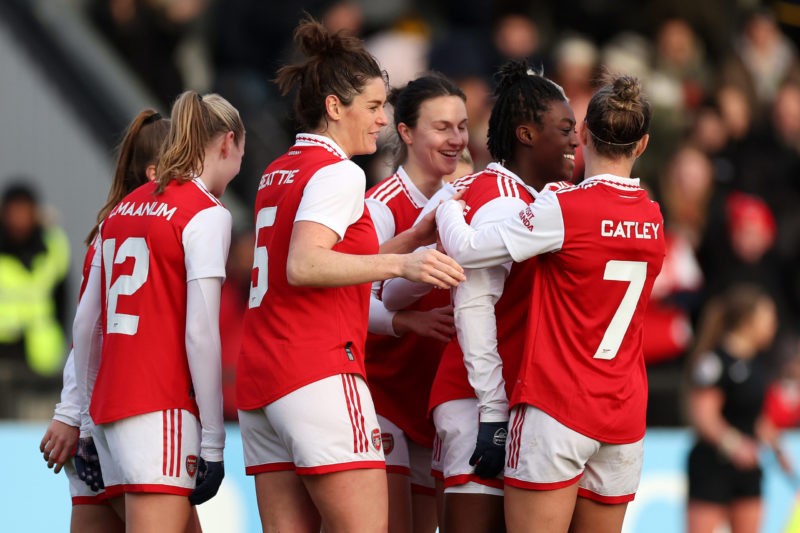 BOREHAMWOOD, ENGLAND - JANUARY 29: Michelle Agyemang of Arsenal celebrates after scoring the team's eighth goal with teammates during the Vitality Women's FA Cup Fourth Round match between Arsenal and Leeds United at Meadow Park on January 29, 2023 in Borehamwood, England. (Photo by Catherine Ivill/Getty Images)