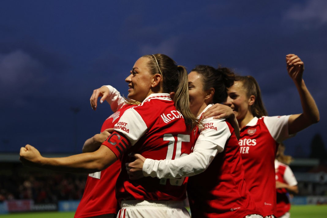 BOREHAMWOOD, ENGLAND - MAY 05: Katie McCabe of Arsenal celebrates their side's first goal scored by Frida Maanum of Arsenal (obscured) during the FA Women's Super League match between Arsenal and Leicester City at Meadow Park on May 05, 2023 in Borehamwood, England. (Photo by Catherine Ivill/Getty Images)