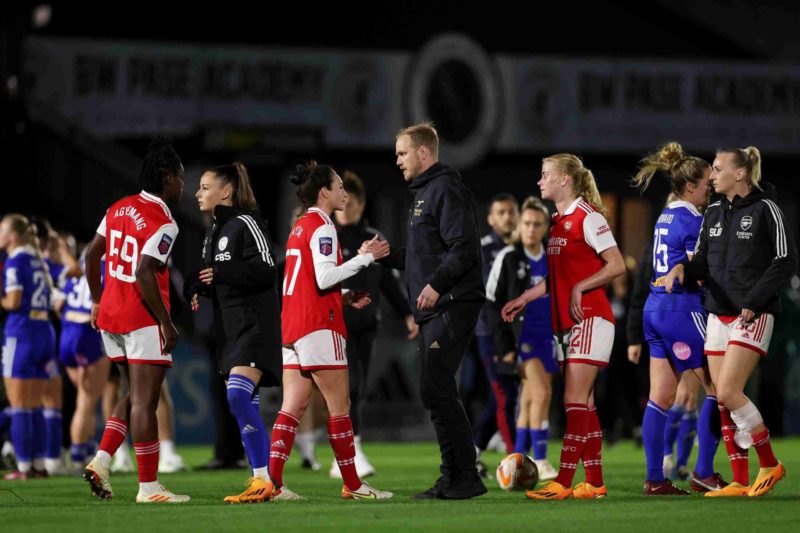 BOREHAMWOOD, ENGLAND - MAY 05: Jonas Eidevall, Head Coach of Arsenal, shakes hands with Jodie Taylor of Arsenal after the FA Women's Super League match between Arsenal and Leicester City at Meadow Park on May 05, 2023 in Borehamwood, England. (Photo by Catherine Ivill/Getty Images)