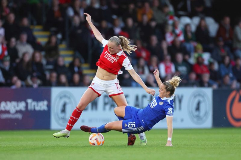 BOREHAMWOOD, ENGLAND - MAY 05: Frida Maanum of Arsenal is challenged by Sophie Howard of Leicester City during the FA Women's Super League match between Arsenal and Leicester City at Meadow Park on May 05, 2023 in Borehamwood, England. (Photo by Catherine Ivill/Getty Images)