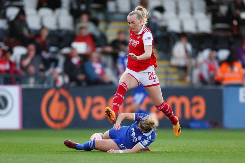 BOREHAMWOOD, ENGLAND - MAY 05: Stina Blackstenius of Arsenal is challenged by Sophie Howard of Leicester City during the FA Women's Super League match between Arsenal and Leicester City at Meadow Park on May 05, 2023 in Borehamwood, England. (Photo by Catherine Ivill/Getty Images)