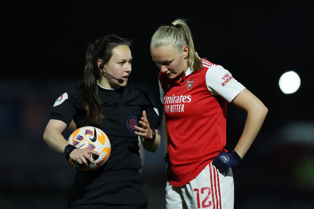 BOREHAMWOOD, ENGLAND - MAY 05: Referee Emily Heaslip speaks with Frida Maanum of Arsenal during the FA Women's Super League match between Arsenal and Leicester City at Meadow Park on May 05, 2023 in Borehamwood, England. (Photo by Catherine Ivill/Getty Images)