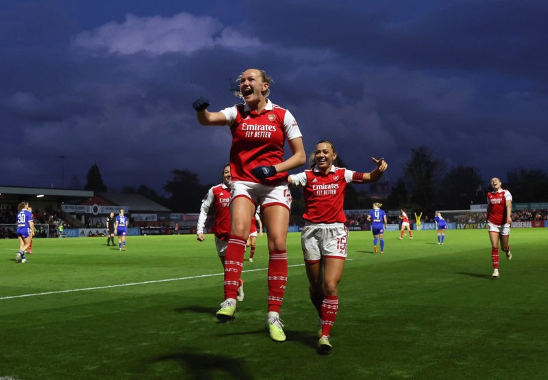 BOREHAMWOOD, ENGLAND - MAY 05: Frida Maanum of Arsenal celebrates after scoring the team's first goal during the FA Women's Super League match between Arsenal and Leicester City at Meadow Park on May 05, 2023 in Borehamwood, England. (Photo by Catherine Ivill/Getty Images)