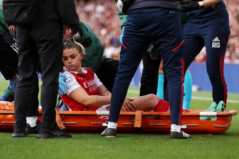 LONDON, ENGLAND - MAY 01: Laura Wienroither of Arsenal leaves the field on a stretcher after receiving medical treatment during the UEFA Women's Champions League semi-final 2nd leg match between Arsenal and VfL Wolfsburg at Emirates Stadium on May 01, 2023 in London, England. (Photo by Richard Heathcote/Getty Images)