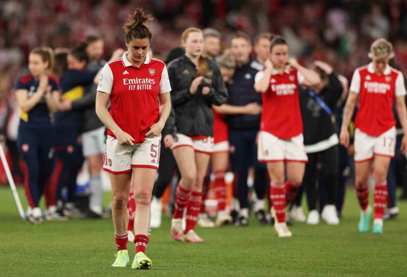 LONDON, ENGLAND - MAY 01: Jennifer Beattie of Arsenal looks dejected after their side's defeat to VfL Wolfsburg during the UEFA Women's Champions League semi-final 2nd leg match between Arsenal and VfL Wolfsburg at Emirates Stadium on May 01, 2023 in London, England. (Photo by Richard Heathcote/Getty Images)