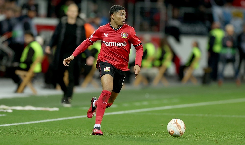 Arsenal transfers - LEVERKUSEN, GERMANY: Amine Adli of Leverkusen runs with the ball during the UEFA Europa League quarterfinal first leg match between Bayer 04 Leverkusen and Royale Union Saint-Gilloise at BayArena on April 13, 2023. (Photo by Lars Baron/Getty Images)