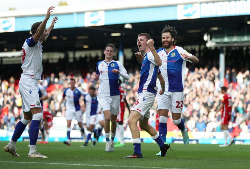 BLACKBURN, ENGLAND - OCTOBER 22: Adam Wharton of Blackburn Rovers celebrates with teammates after scoring their side's second goal during the Sky Bet Championship between Blackburn Rovers and Birmingham City at Ewood Park on October 22, 2022 in Blackburn, England. (Photo by Cameron Smith/Getty Images)
