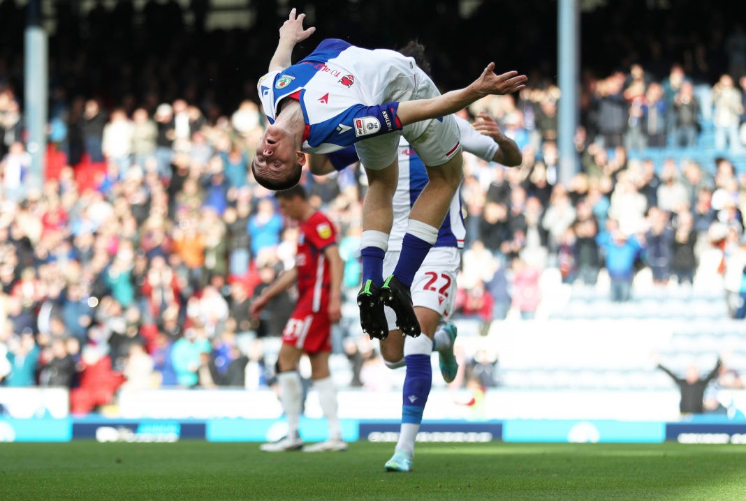 BLACKBURN, ENGLAND - OCTOBER 22: Adam Wharton of Blackburn Rovers celebrates after scoring their side's second goal during the Sky Bet Championship between Blackburn Rovers and Birmingham City at Ewood Park on October 22, 2022 in Blackburn, England. (Photo by Cameron Smith/Getty Images)